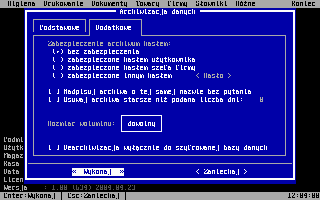 Archiwizacja danych - ustawienia dodatkowe